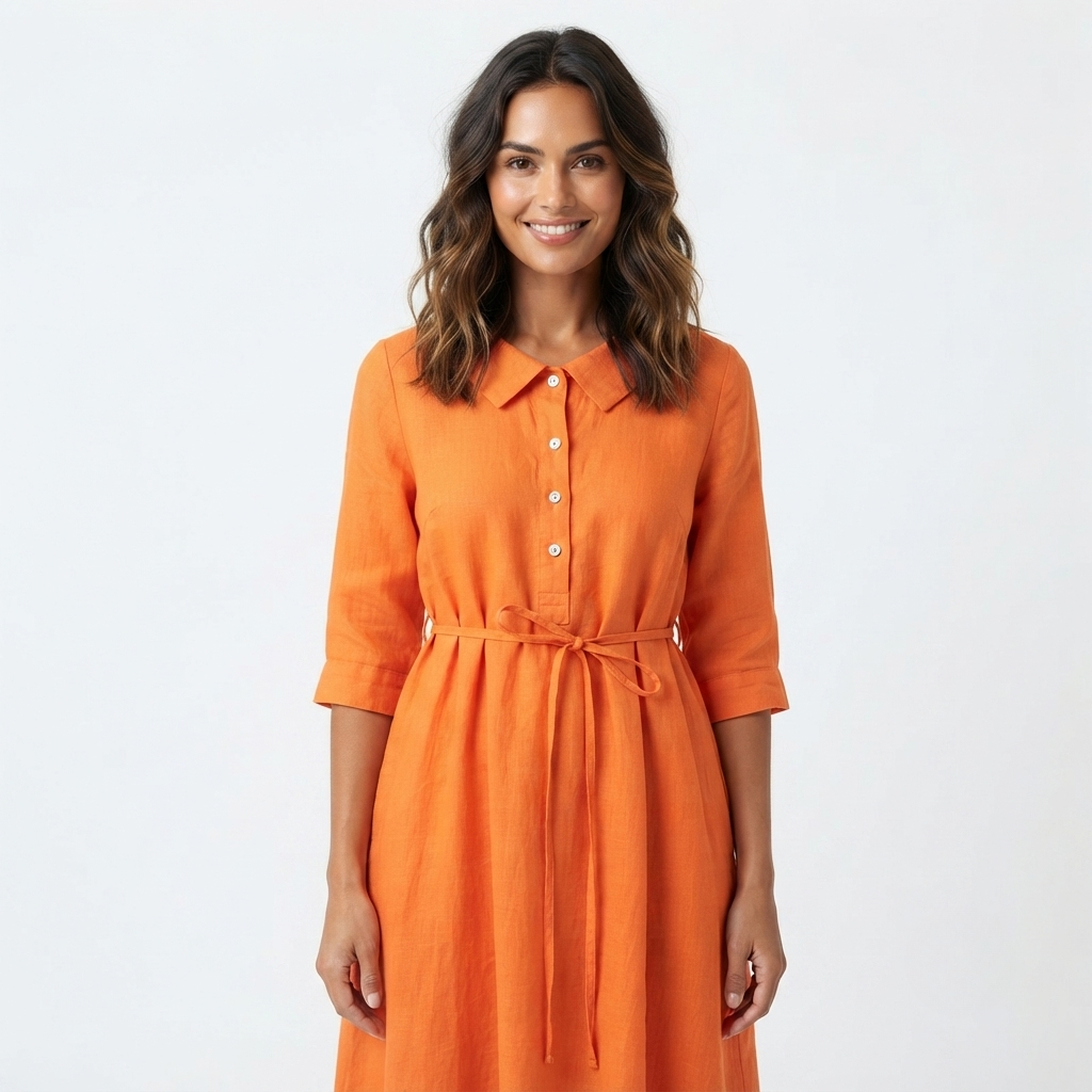 Gwen - Women's Linen Midi Dress with Tie Waist