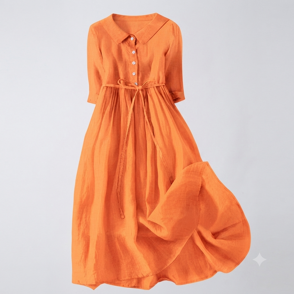 Gwen - Women's Linen Midi Dress with Tie Waist