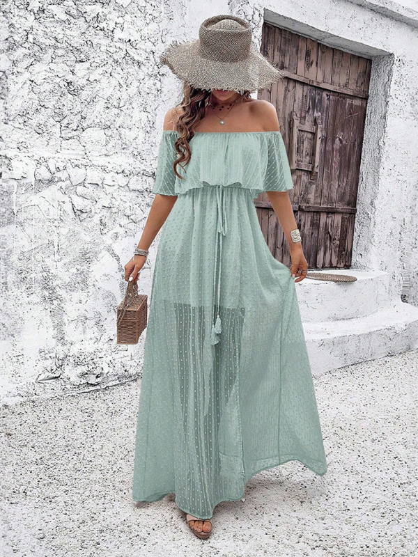 Mia - Women's Off-Shoulder Maxi Dress with Polka Dot Print and High Slit - photo 25