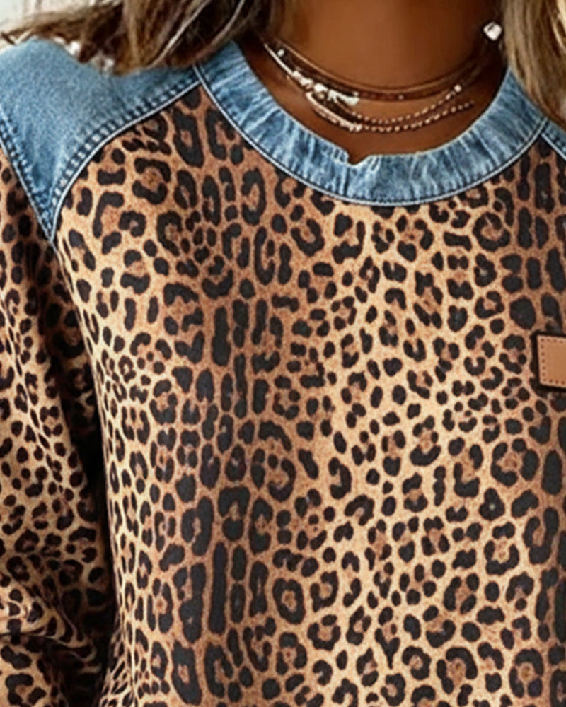 Millicent - Women's Leopard Print Denim Patchwork Jumper - photo 2