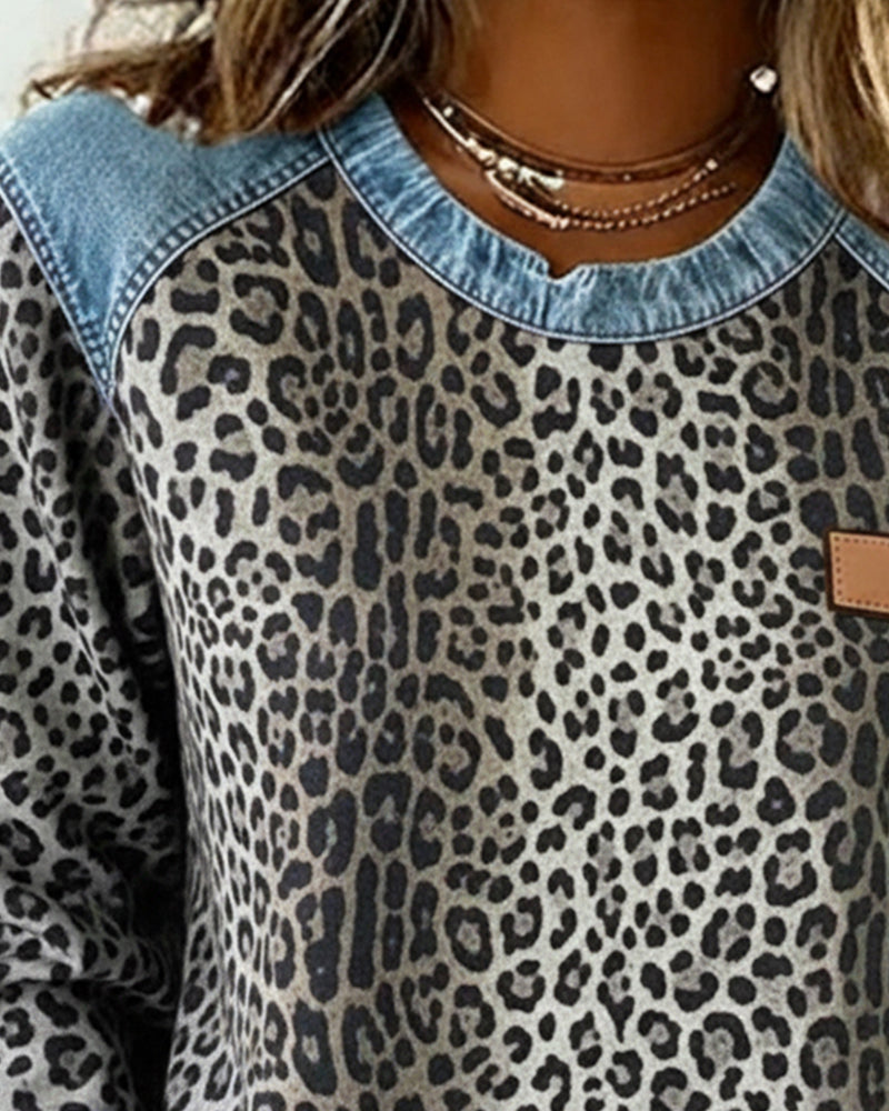 Millicent - Women's Leopard Print Denim Patchwork Jumper - photo 5