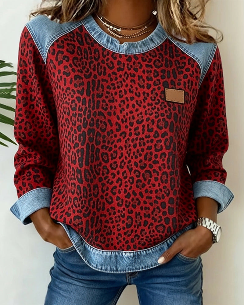 Millicent - Women's Leopard Print Denim Patchwork Jumper - photo 7