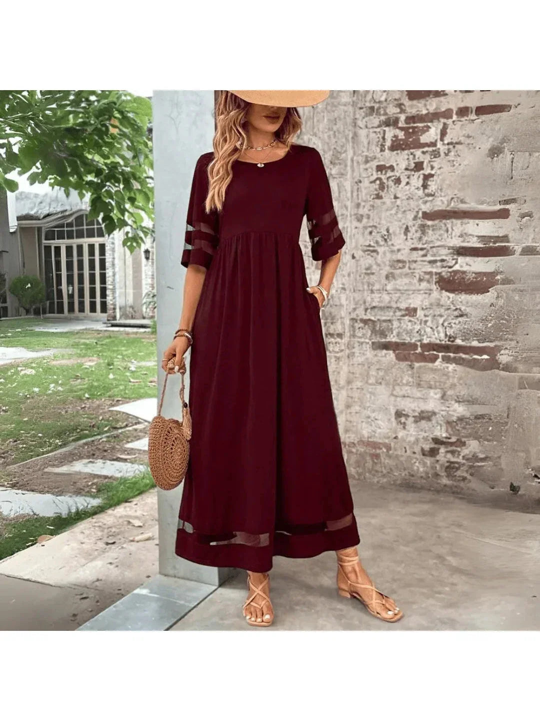Piera - Women's Midi Dress with Mesh Panels