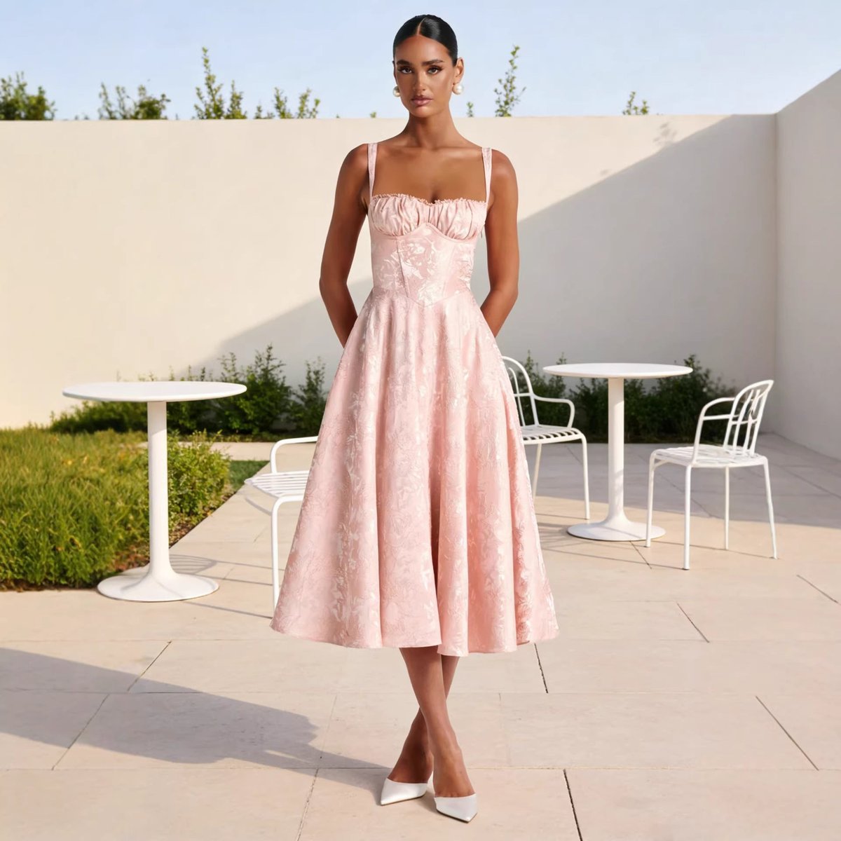 Nancy - Women's Ruched Bodice Jacquard Midi Cocktail Dress Flared Skirt - photo 3