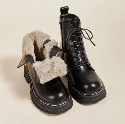 Nina - Women's Combat Boots with Faux Fur Cuff and Lace-Up Front - photo 1