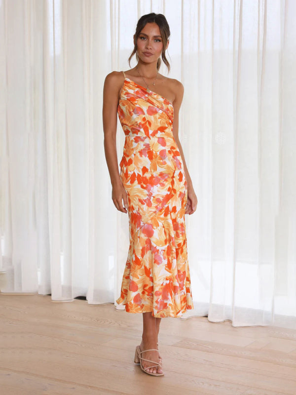 Paige - Women's Asymmetrical Neckline Floral Print Midi Dress with Fishtail Hem - photo 22