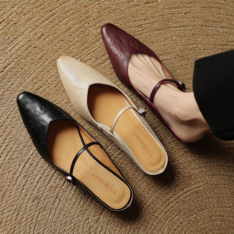 Layla - Pointed Toe Mules Genuine Leather Mary Jane Strap