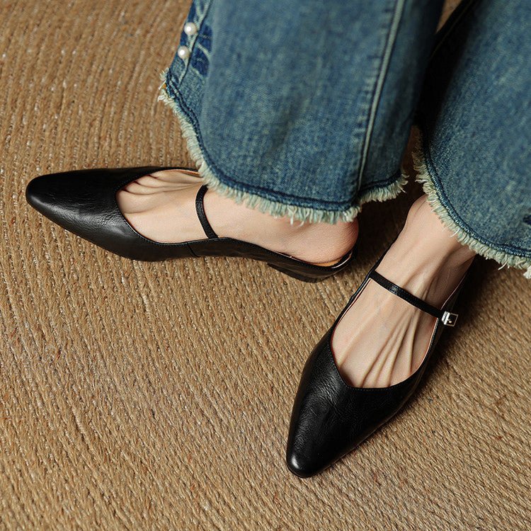 Layla - Pointed Toe Mules Genuine Leather Mary Jane Strap