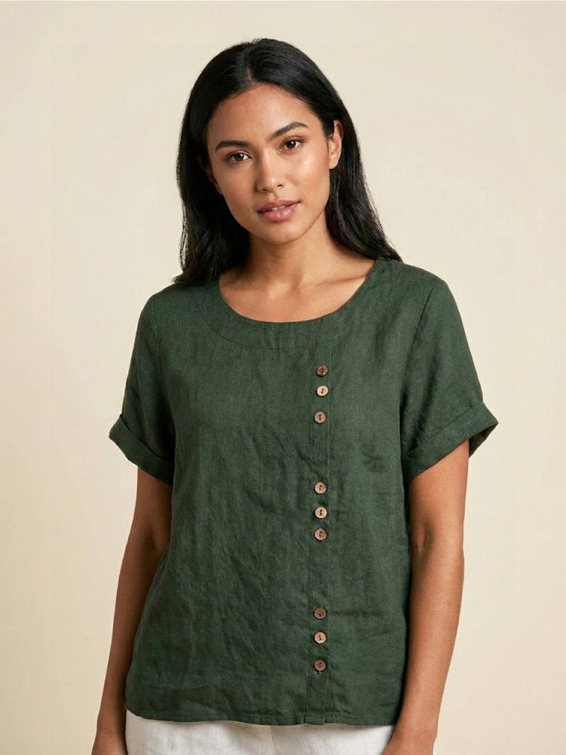 Women's Linen Round Neck Button Blouse in Army Green