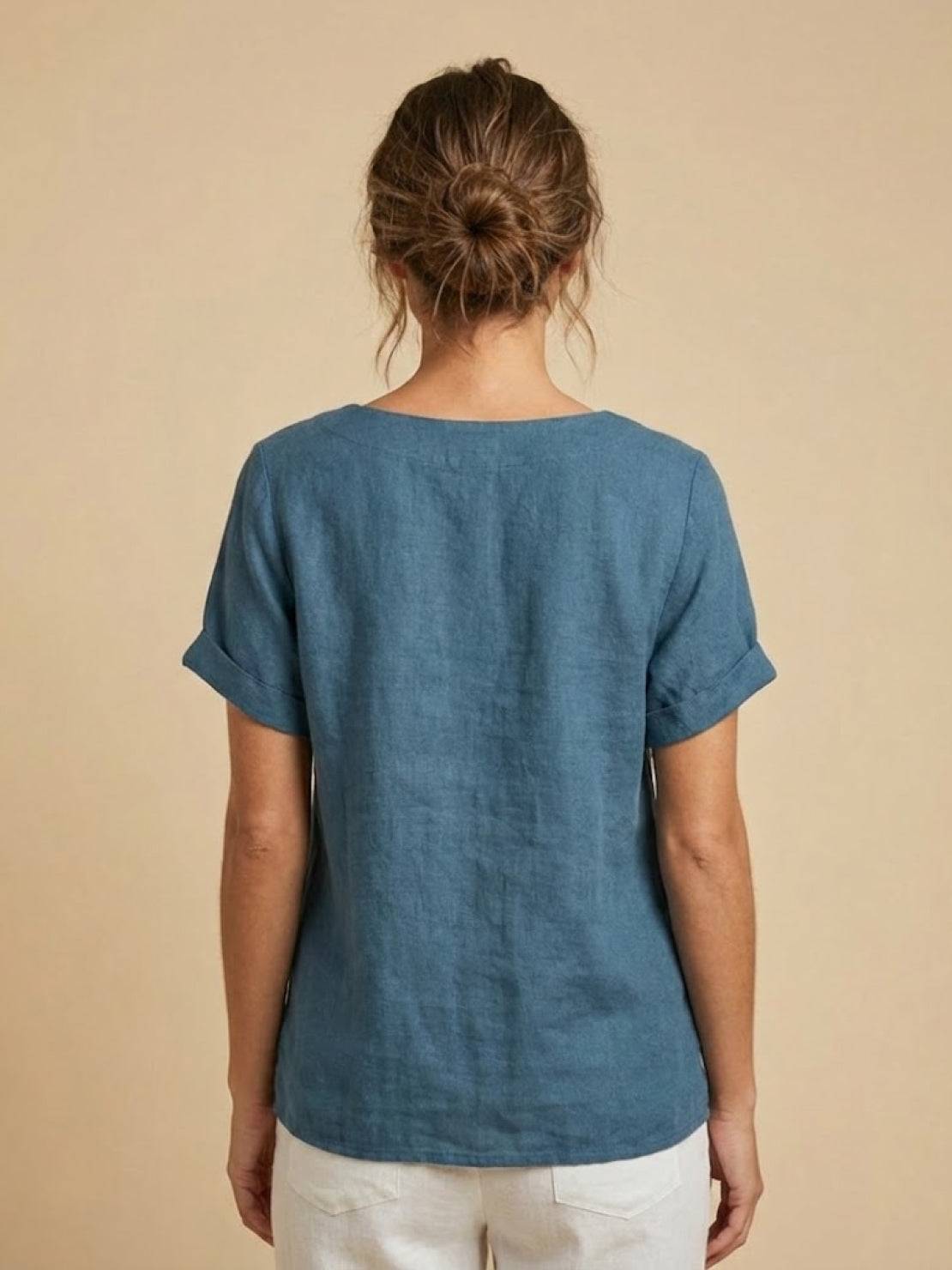 Heather - Camicetta da donna in lino con scollo rotondo e bottoni