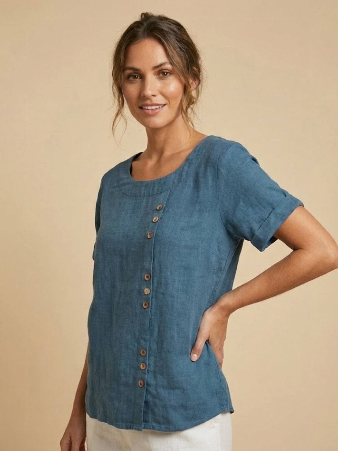 Heather - Camicetta da donna in lino con scollo rotondo e bottoni