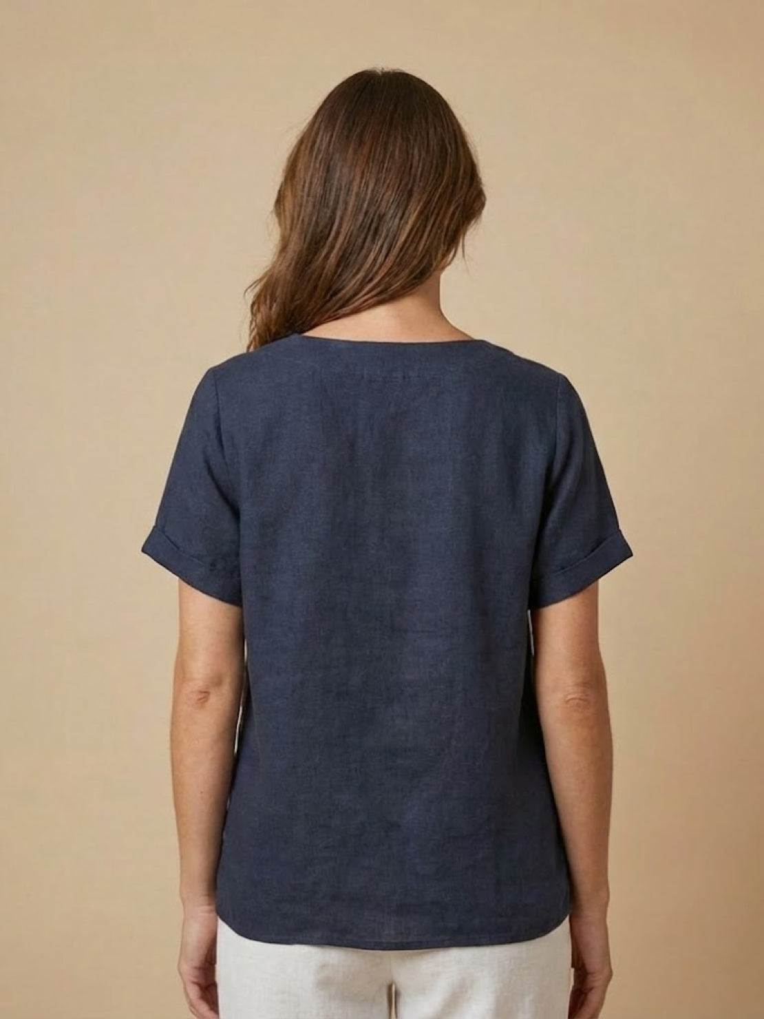 Heather - Camicetta da donna in lino con scollo rotondo e bottoni