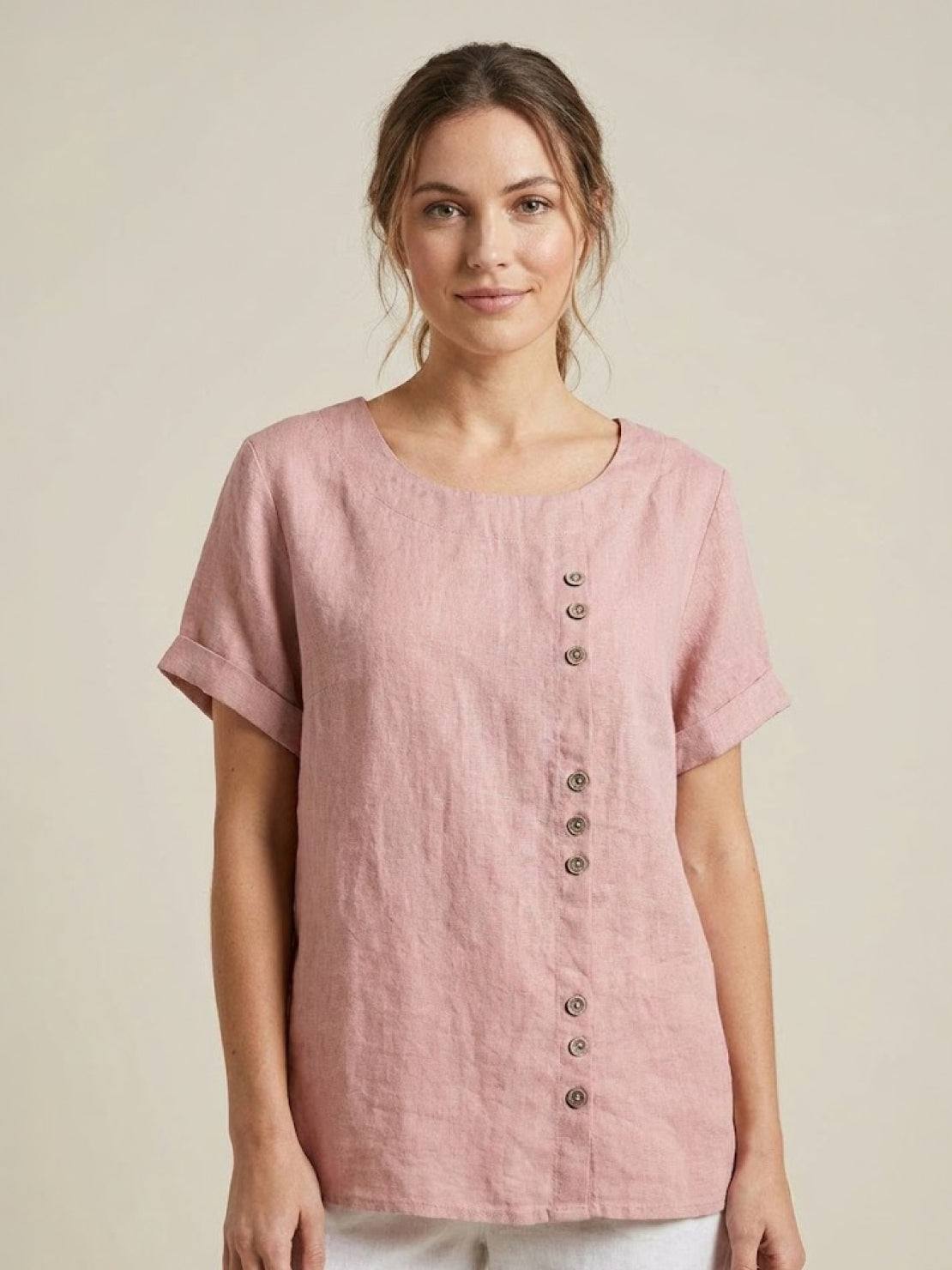Heather - Camicetta da donna in lino con scollo rotondo e bottoni