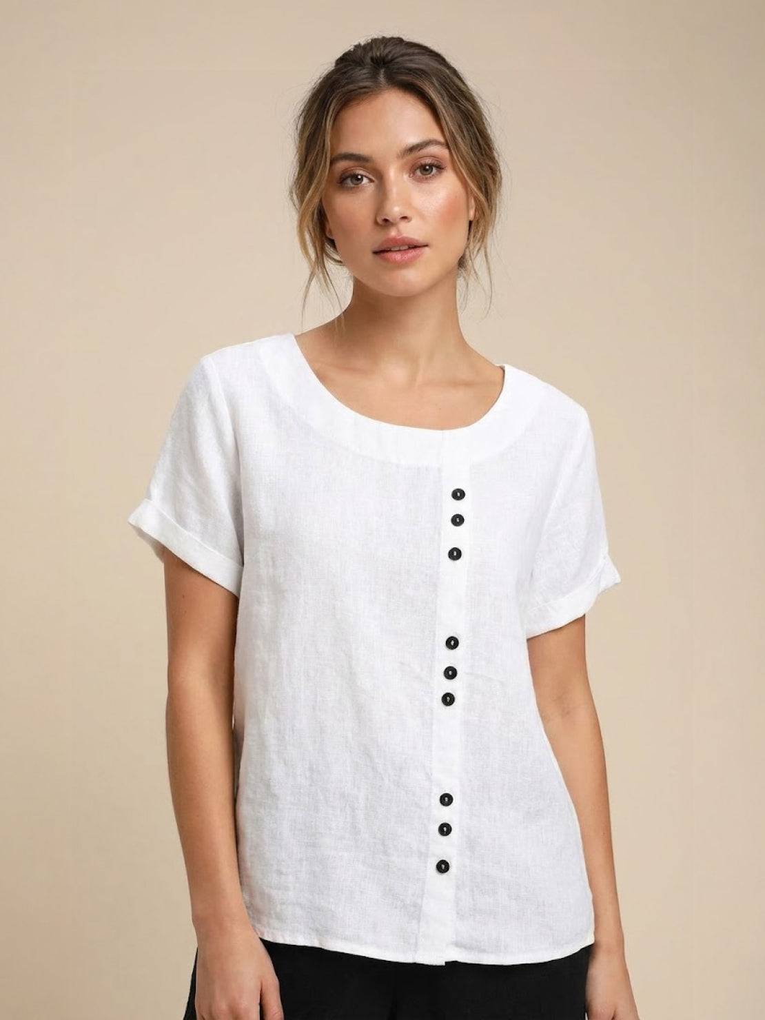Heather - Camicetta da donna in lino con scollo rotondo e bottoni