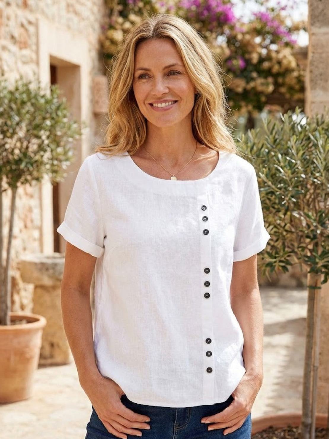 Heather - Camicetta da donna in lino con scollo rotondo e bottoni
