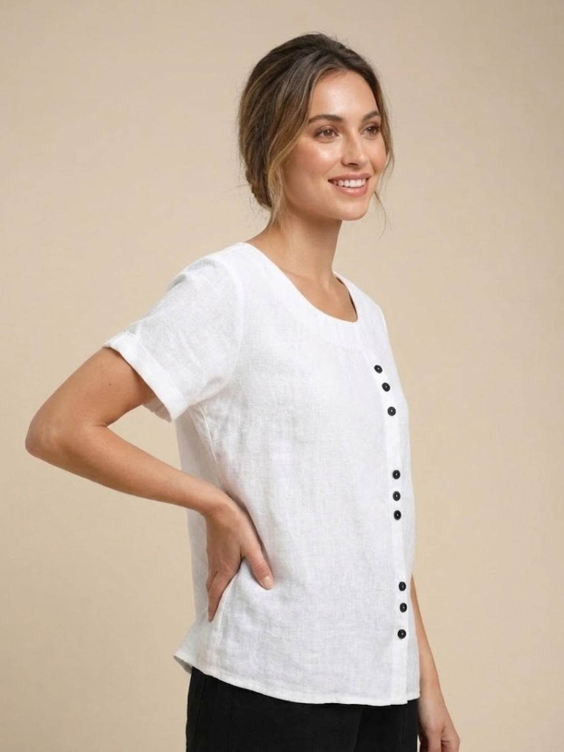 Heather - Camicetta da donna in lino con scollo rotondo e bottoni