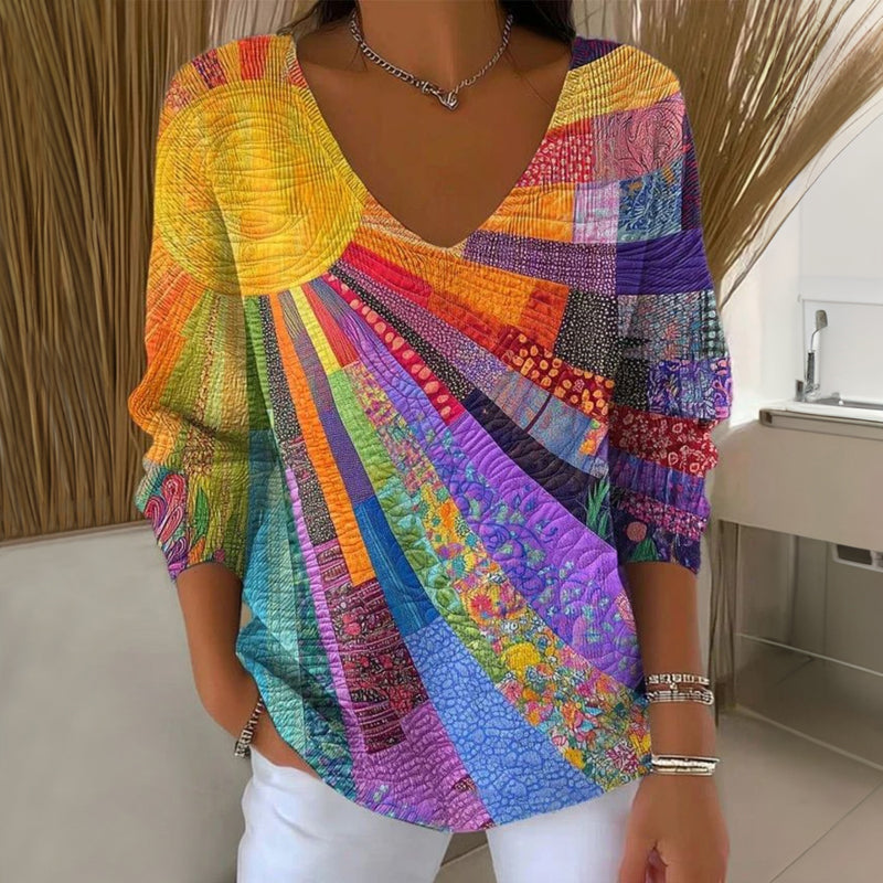 Rhona - Women's Multicolour Print Jumper with V-Neck - photo 1