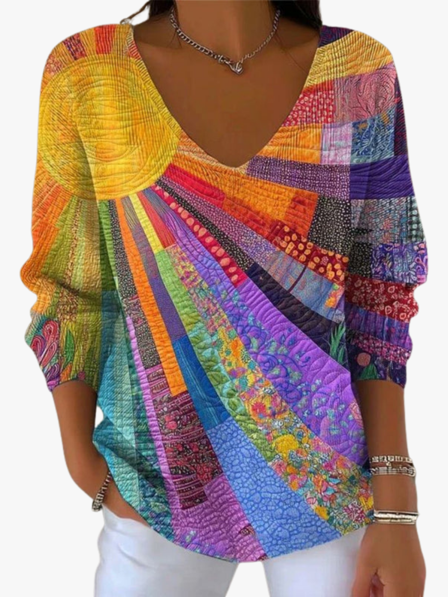 Rhona - Women's Multicolour Print Jumper with V-Neck - photo 2