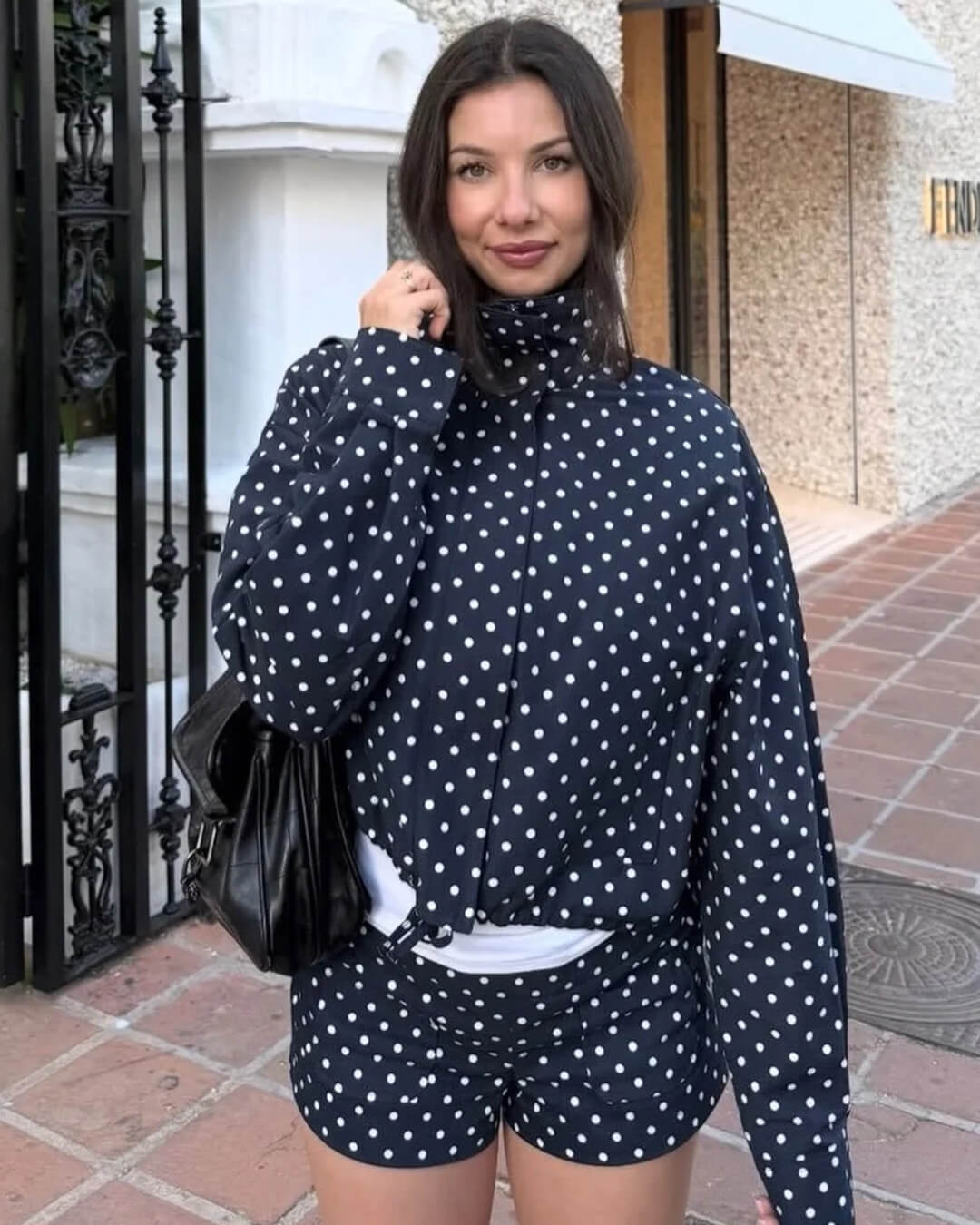 Riva - Women's Relaxed Jacket in Polka Dot Print with Ruching - photo 2