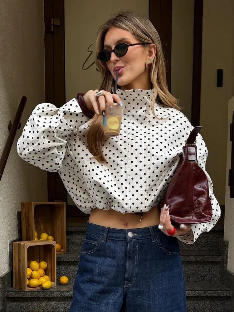 Riva - Women's Relaxed Jacket in Polka Dot Print with Ruching - photo 4
