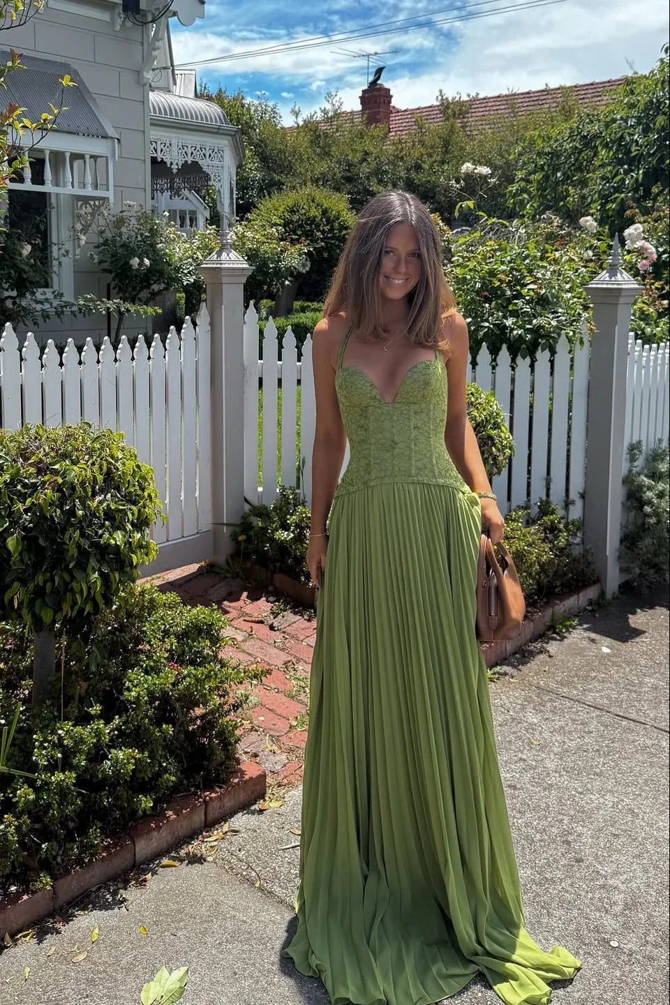 Emerald - Abito lungo con corsetto plissettato verde da donna