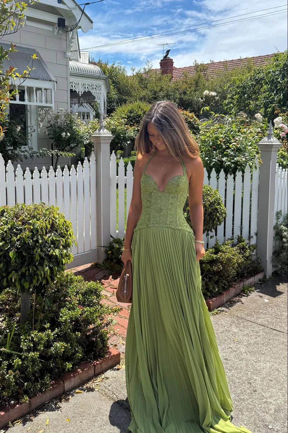 Emerald - Abito lungo con corsetto plissettato verde da donna