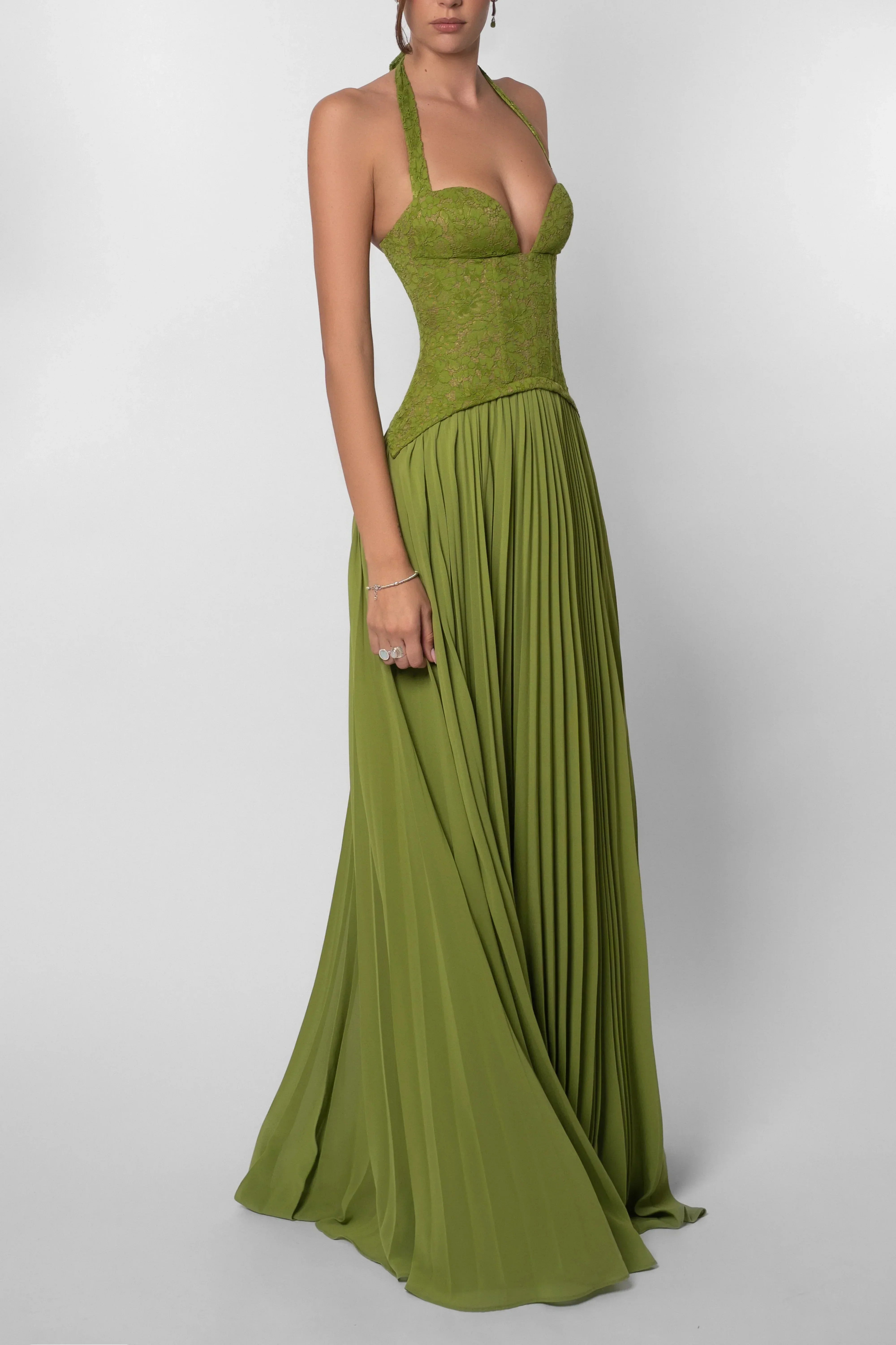 Emerald - Abito lungo con corsetto plissettato verde da donna