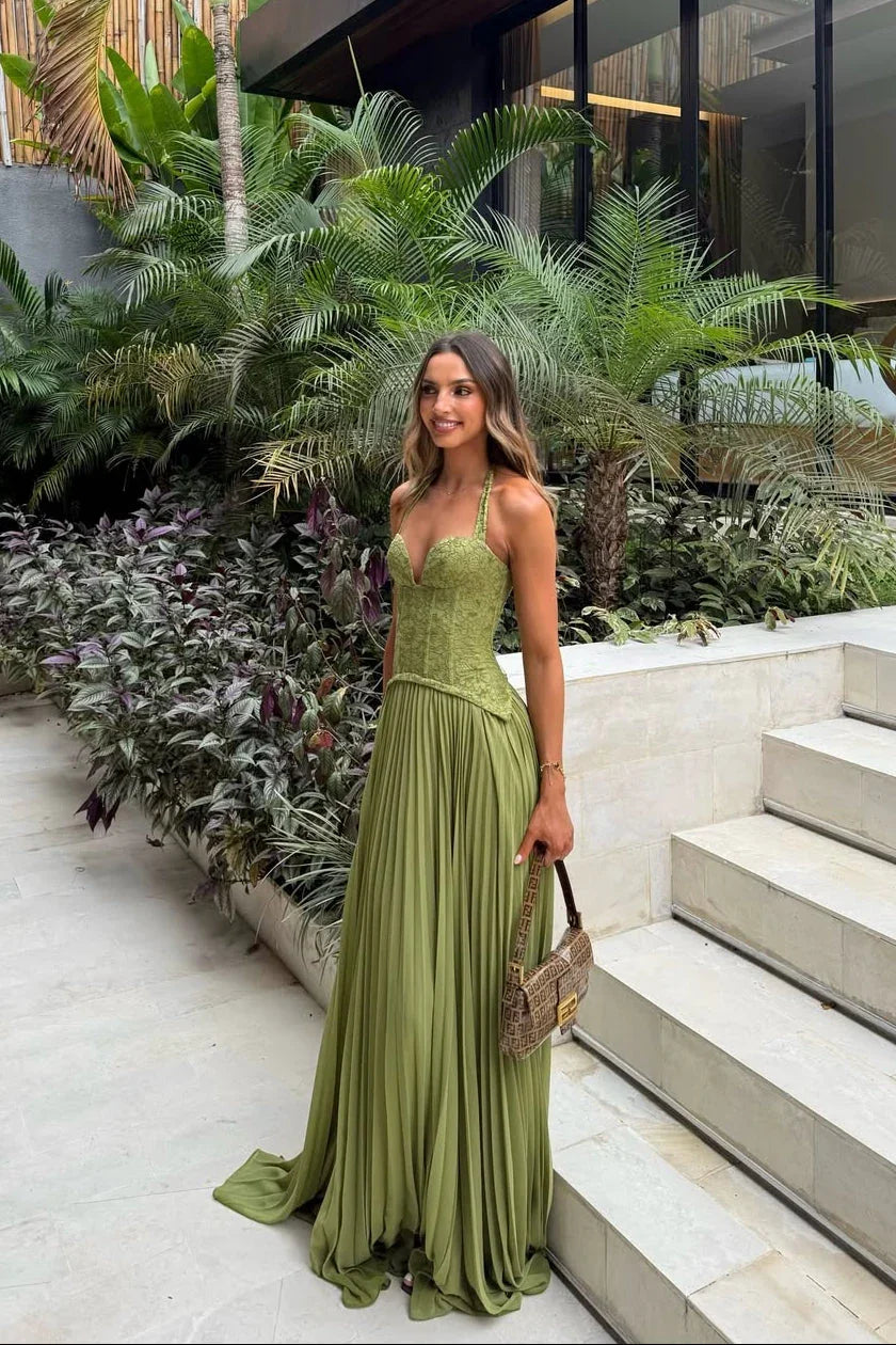 Emerald - Abito lungo con corsetto plissettato verde da donna