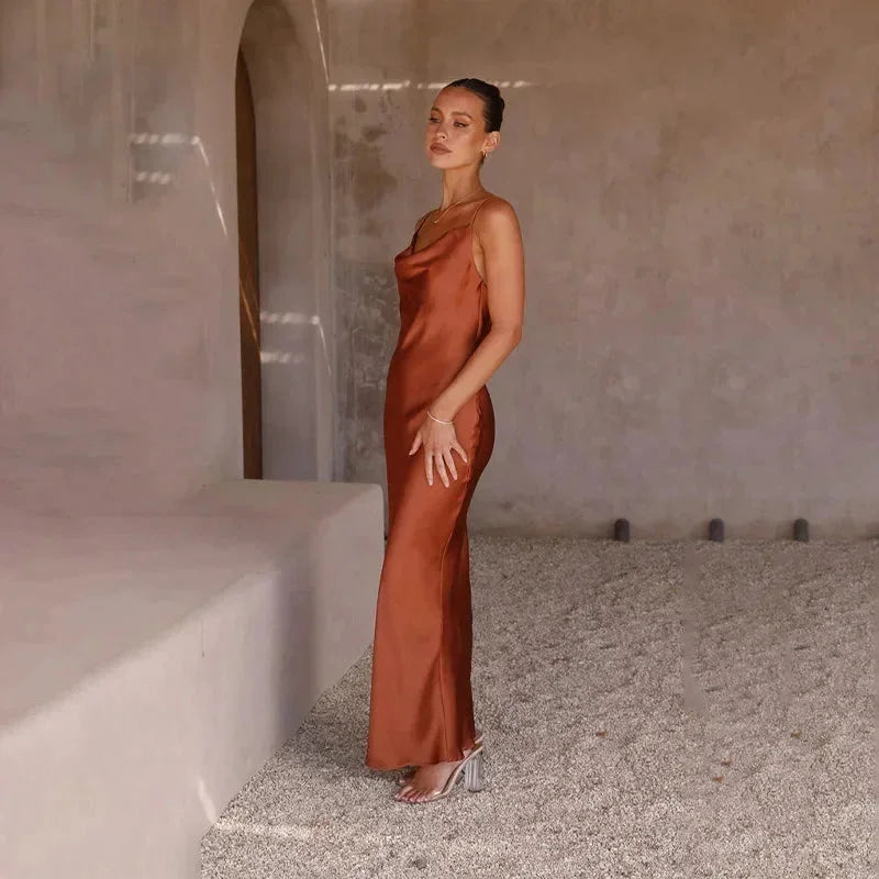 Sabine - Abito lungo da donna in raso con collo ad anello