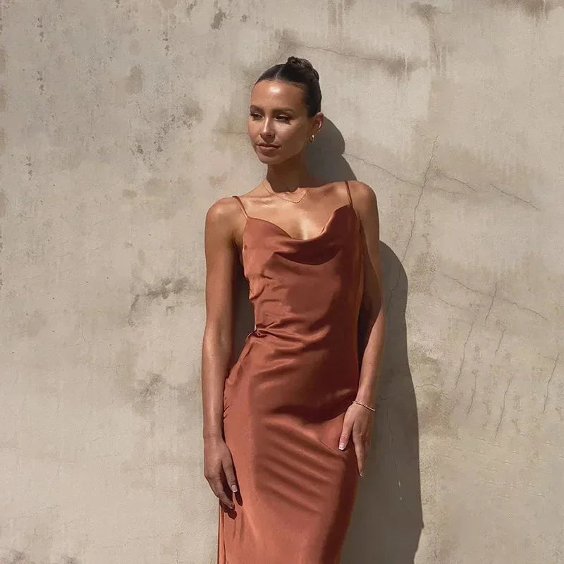 Sabine - Abito lungo da donna in raso con collo ad anello