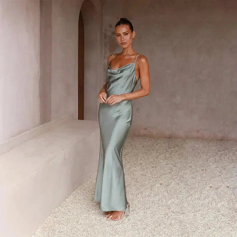 Sabine - Abito lungo da donna in raso con collo ad anello