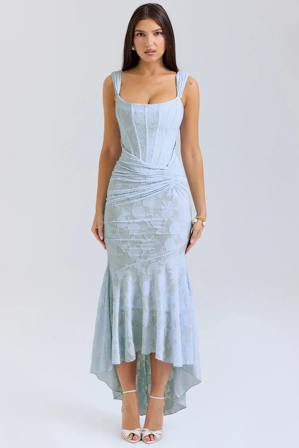 Women's Asymmetric Floral Midi Dress with Wide Straps in Blue