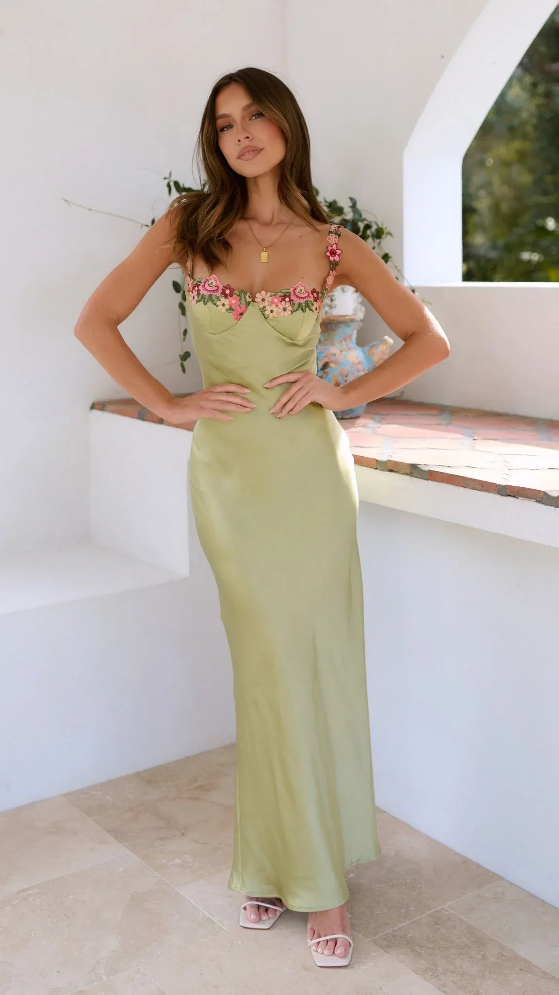 Elodie - Women's Light Green Floral Strap Maxi Dress