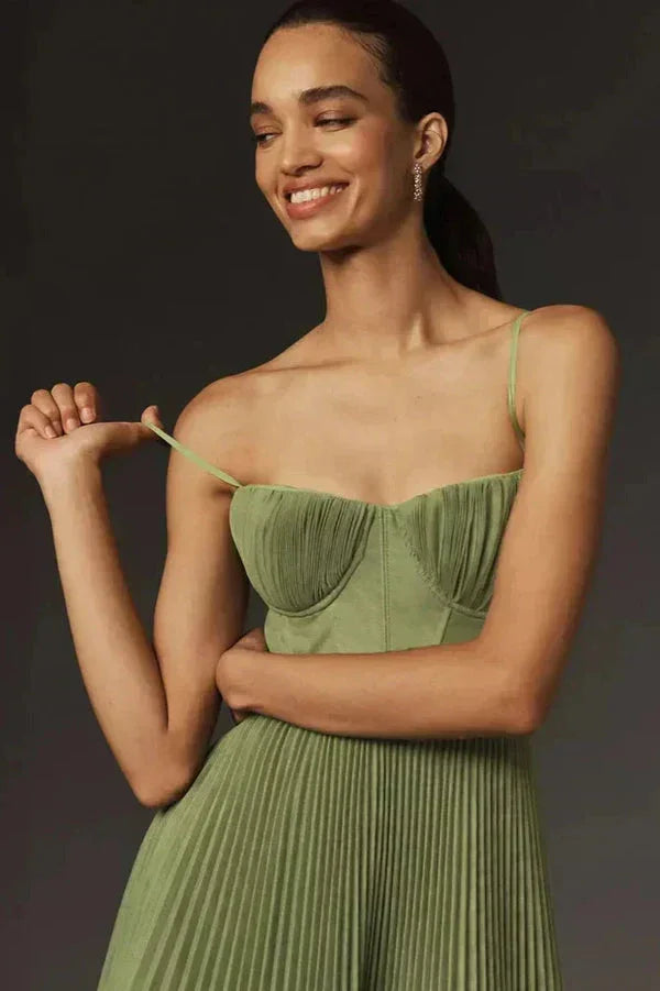 Giselle - Women's Olive Pleated Strap Midi Dress