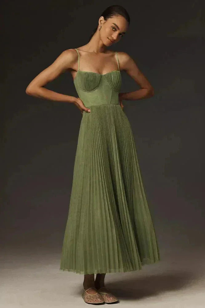 Giselle - Women's Olive Pleated Strap Midi Dress