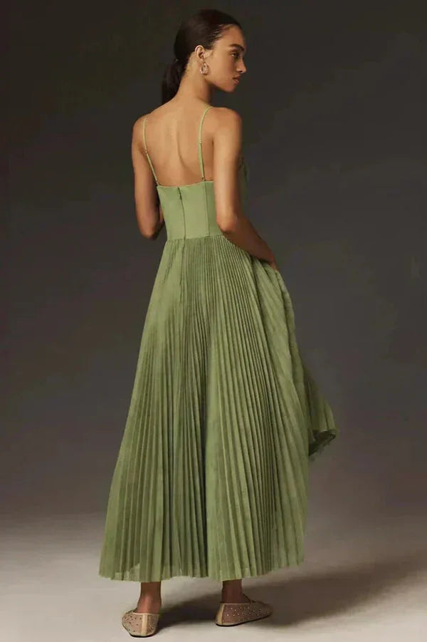 Giselle - Women's Olive Pleated Strap Midi Dress