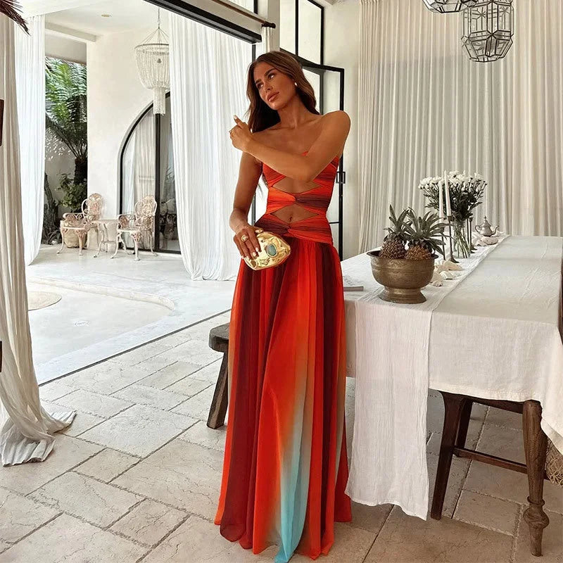 Aurora - Women's Strapless Red and Orange Summer Maxi Dress