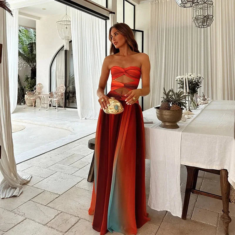 Aurora - Women's Strapless Red and Orange Summer Maxi Dress