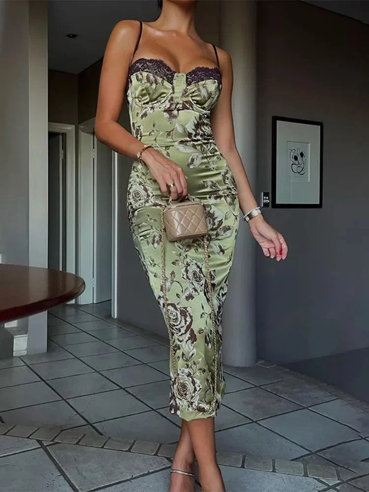 Roos - Women's Floral Satin Corset Midi Dress