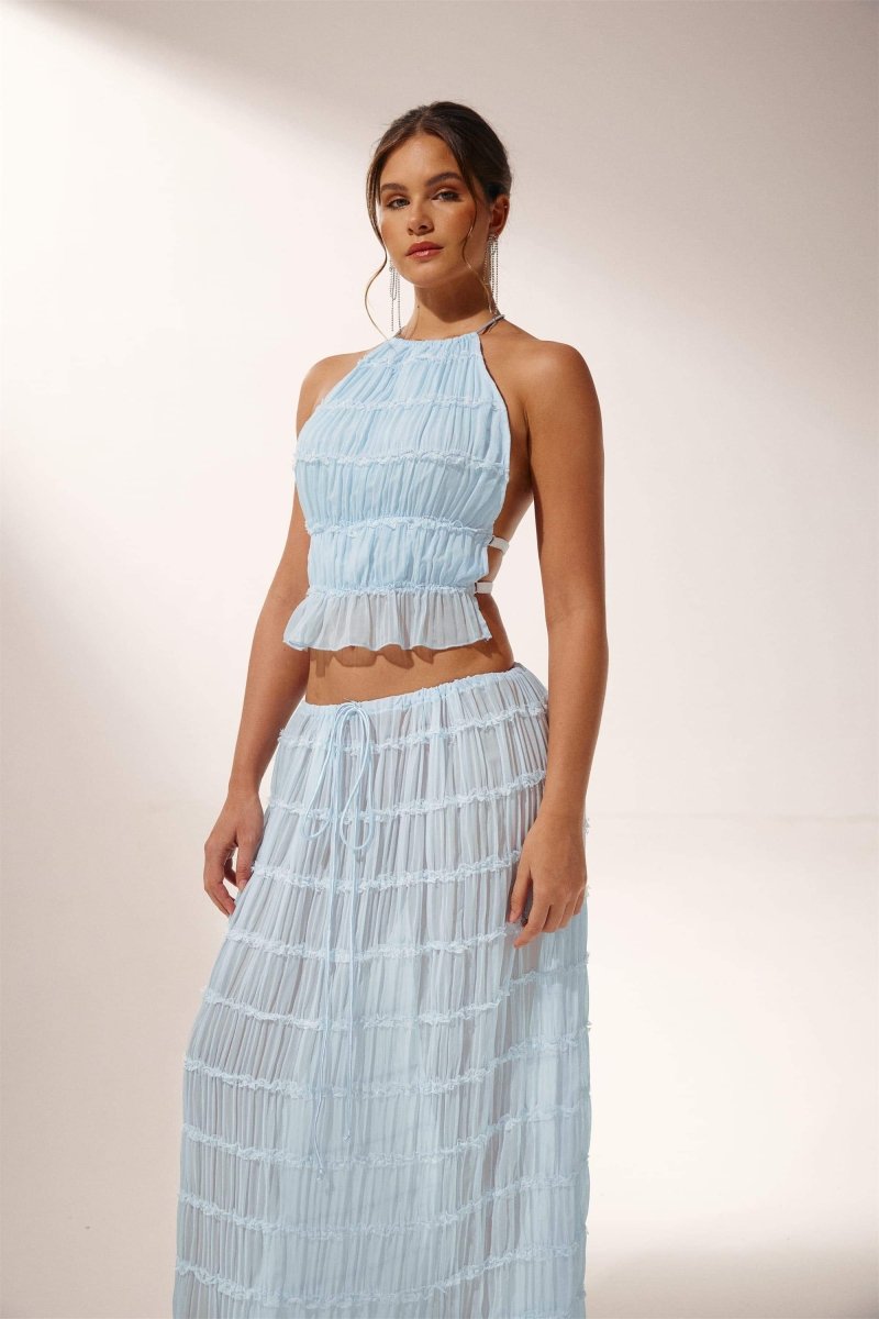 Dacia - Women's Pleated Backless Two-Piece Halter Set