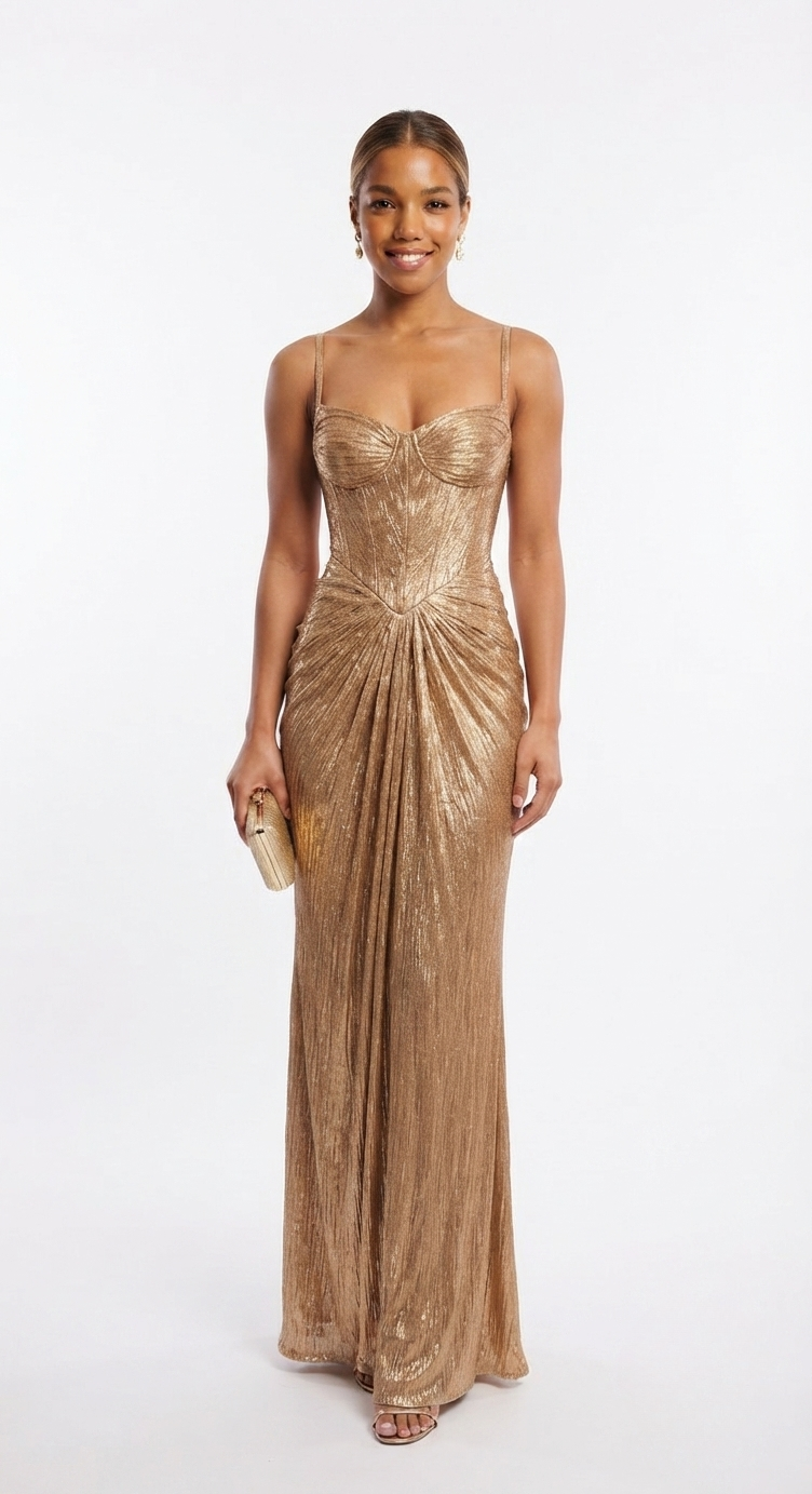 Sadie - Women's Gold Metallic Corset Maxi Dress - photo 1