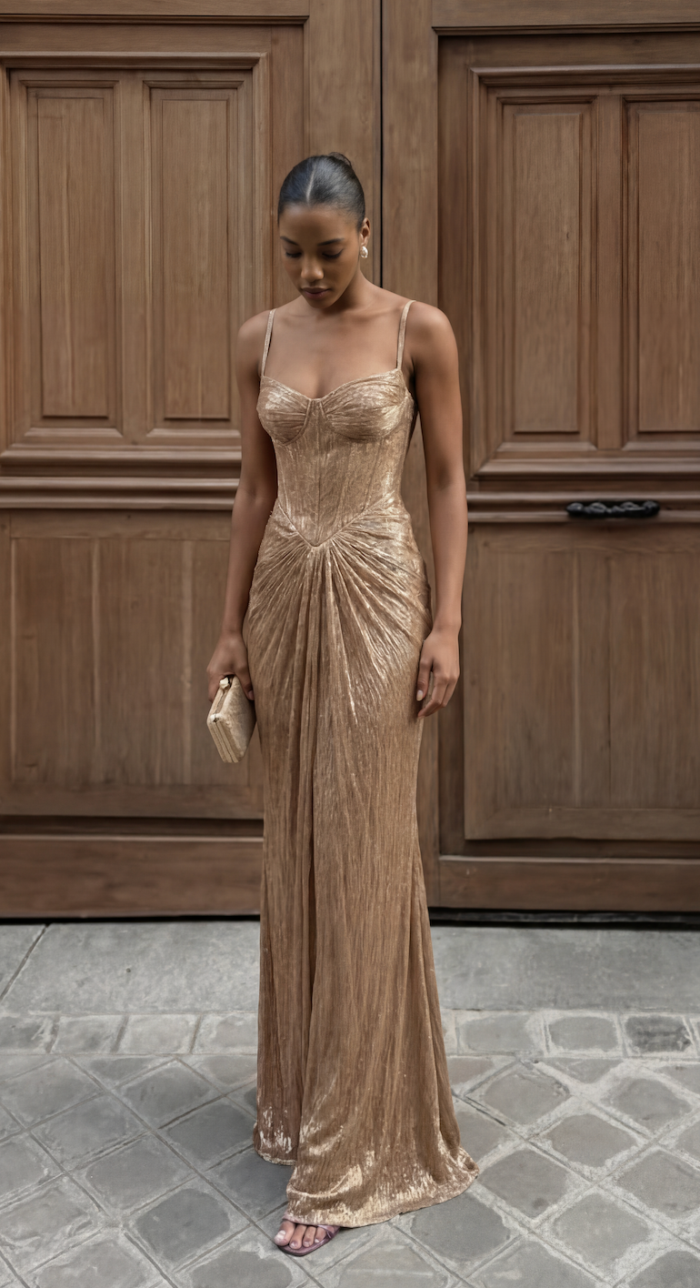 Sadie - Women's Gold Metallic Corset Maxi Dress - photo 3