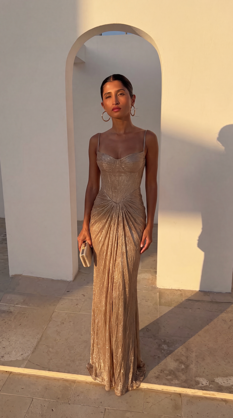 Sadie - Women's Gold Metallic Corset Maxi Dress - photo 4