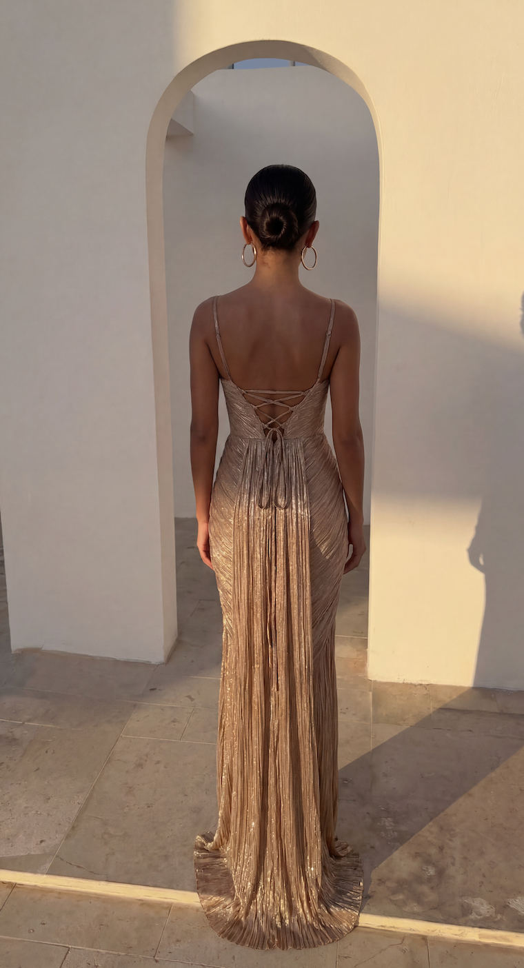 Sadie - Women's Gold Metallic Corset Maxi Dress - photo 8