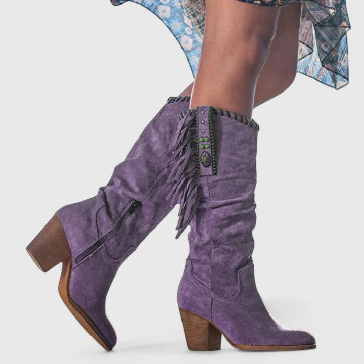 Sadie - Women's Knee-High Western Boots with Fringe Trim - photo 2