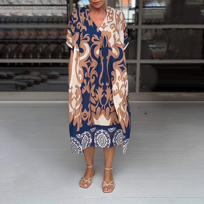 Women's Boho Print Midi Dress with V-Neck