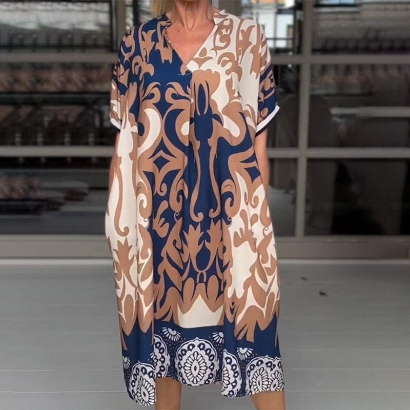 Women's Boho Print Midi Dress with V-Neck