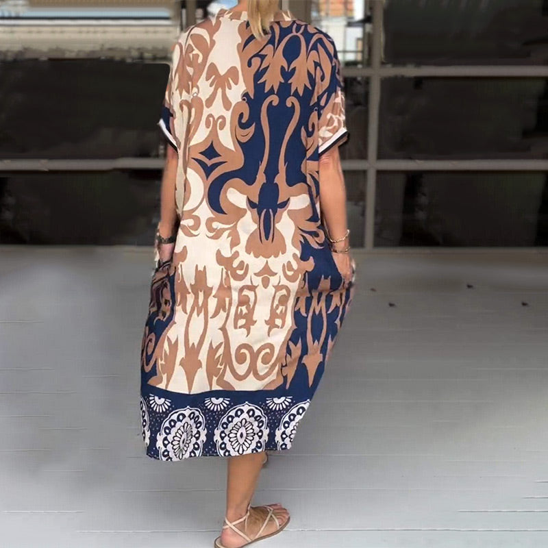 Women's Boho Print Midi Dress with V-Neck