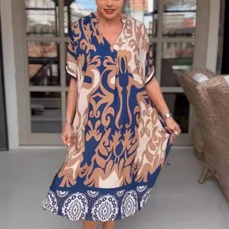 Women's Boho Print Midi Dress with V-Neck