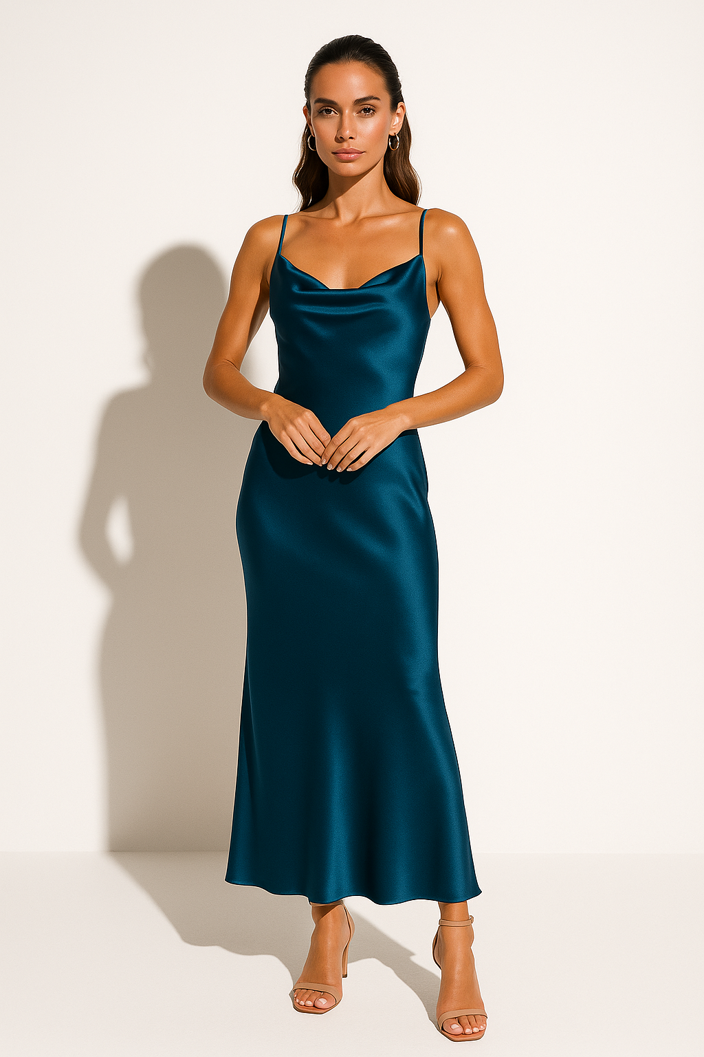 Candice - Women's Satin Midi Dress with a Deep Neckline
